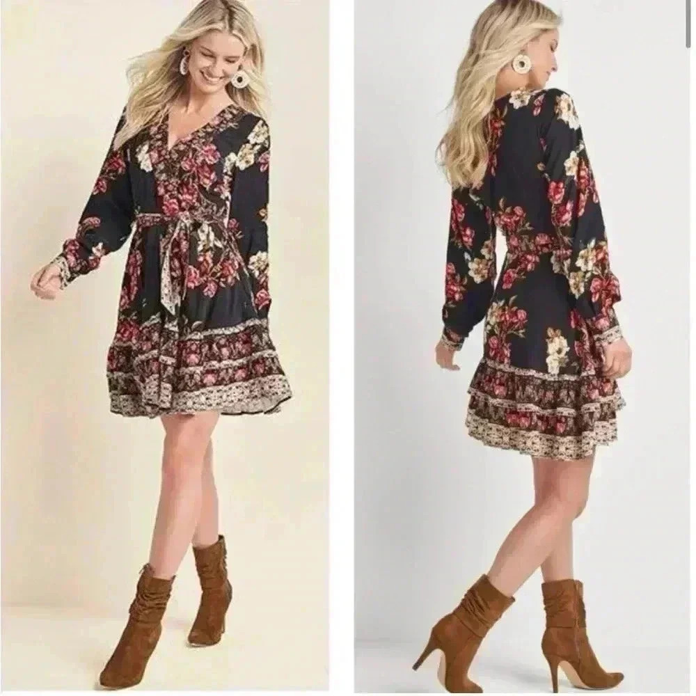 Venus floral printed peasant dress bohemian black red boho tiered autumn size 16